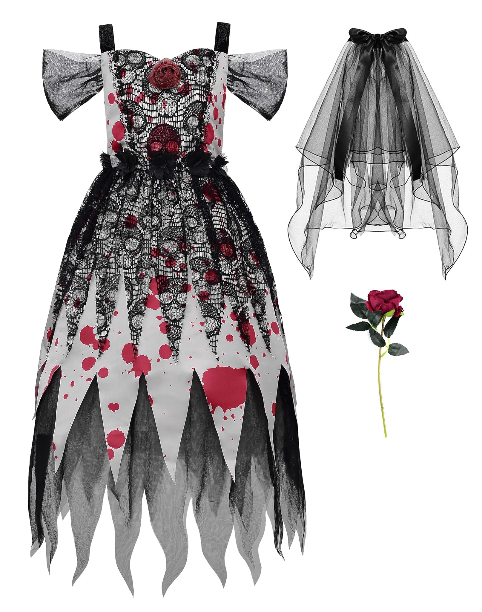 ReliBeauty Sposa Cadavere Costume Bambina Da 3 a 12 anni con Velo e Rose Fiori