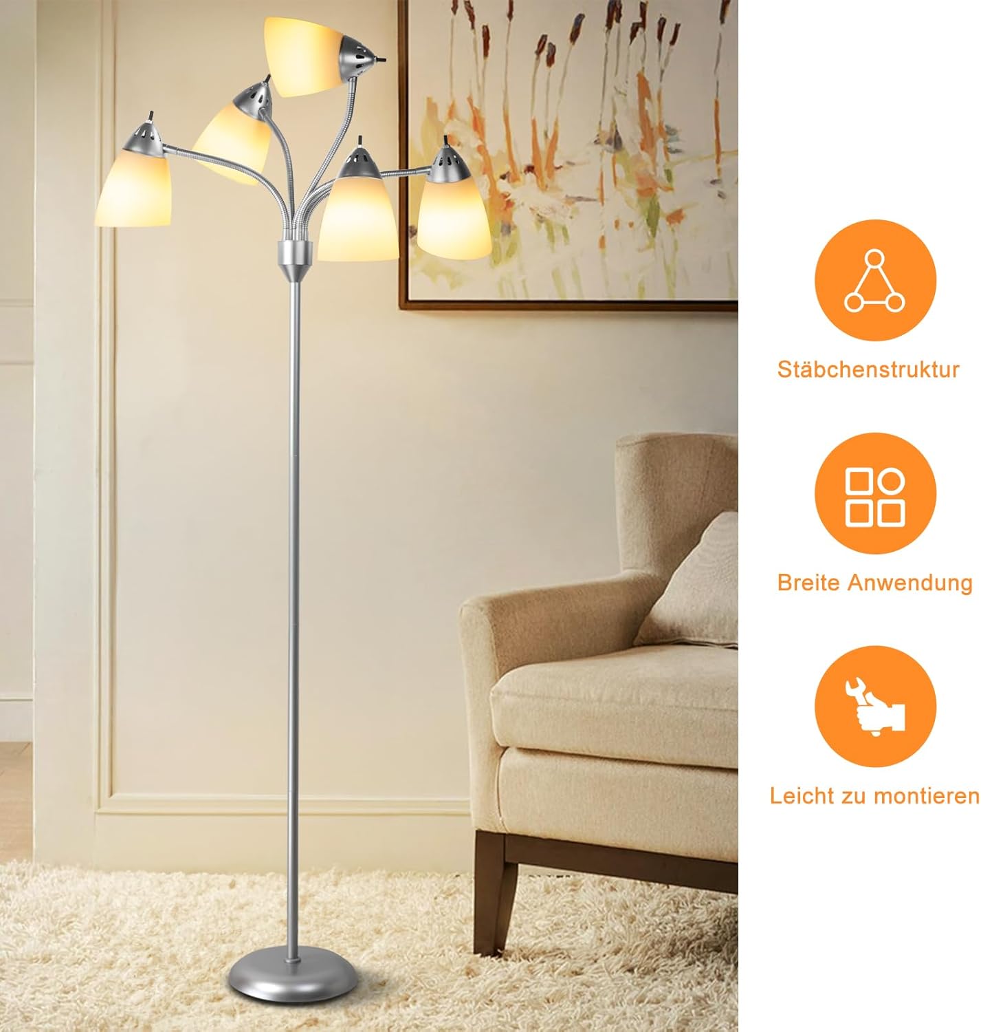 Depuley Lampada da Terra Moderna 5 Luci E27, Argento - immagine 2