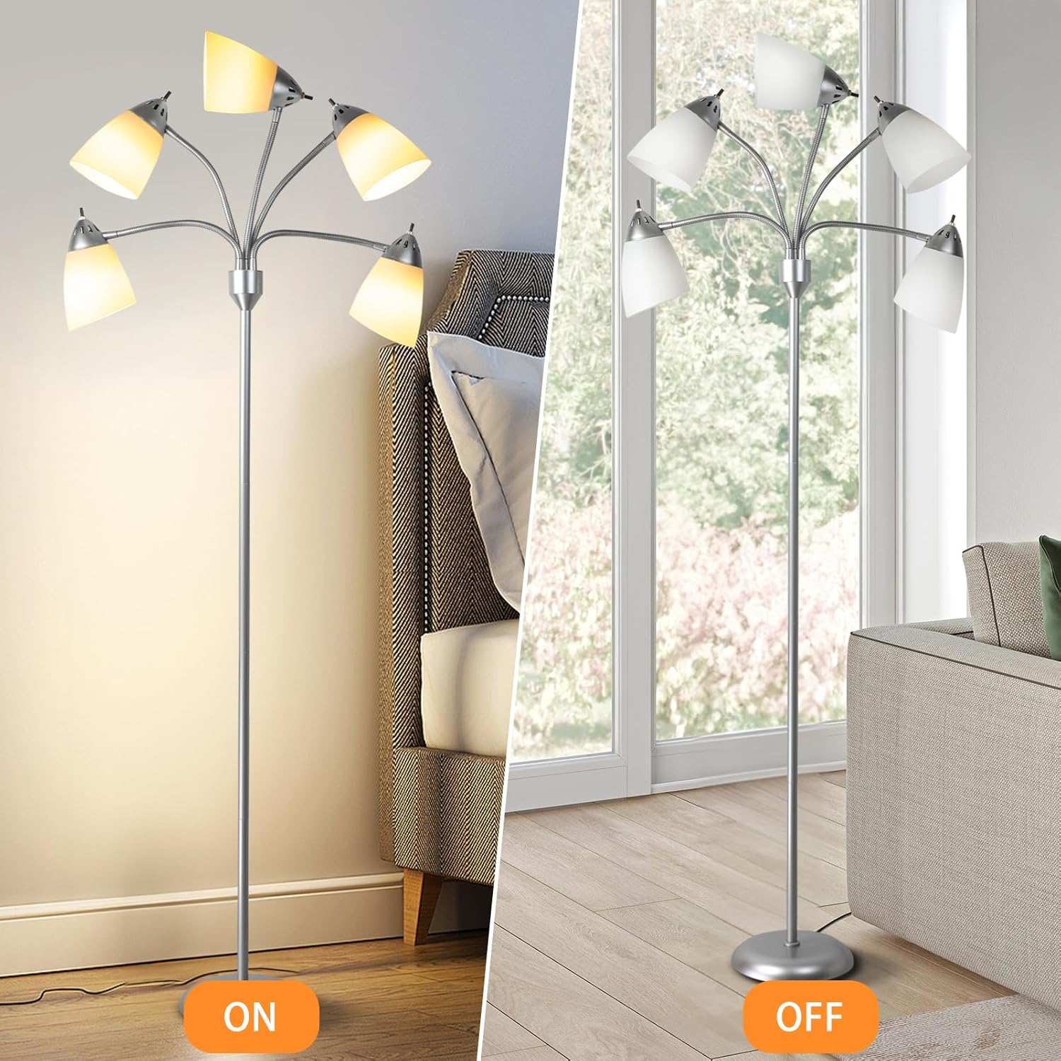 Depuley Lampada da Terra Moderna 5 Luci E27, Argento - immagine 3