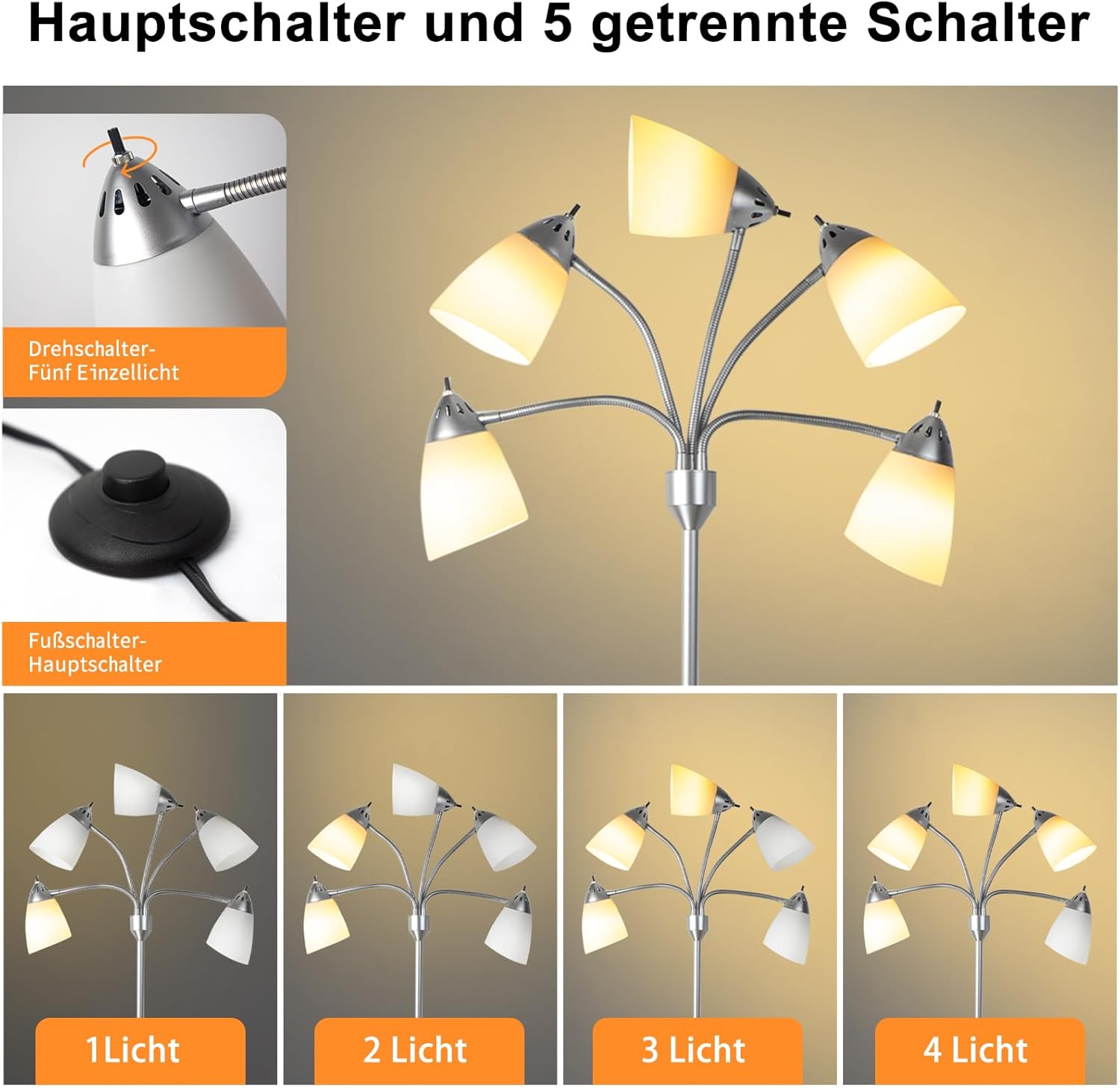 Depuley Lampada da Terra Moderna 5 Luci E27, Argento - immagine 4