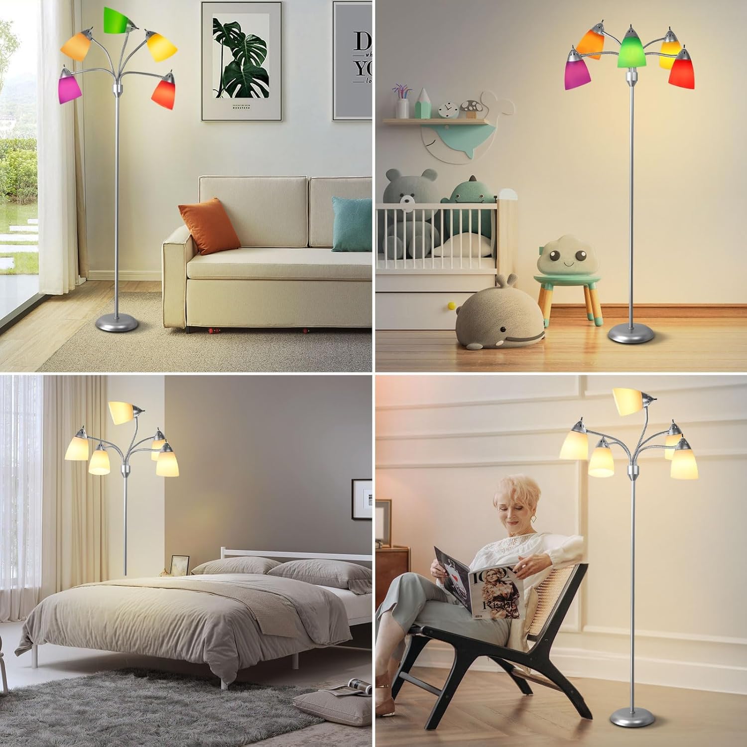 Depuley Lampada da Terra Moderna 5 Luci E27, Argento - immagine 5