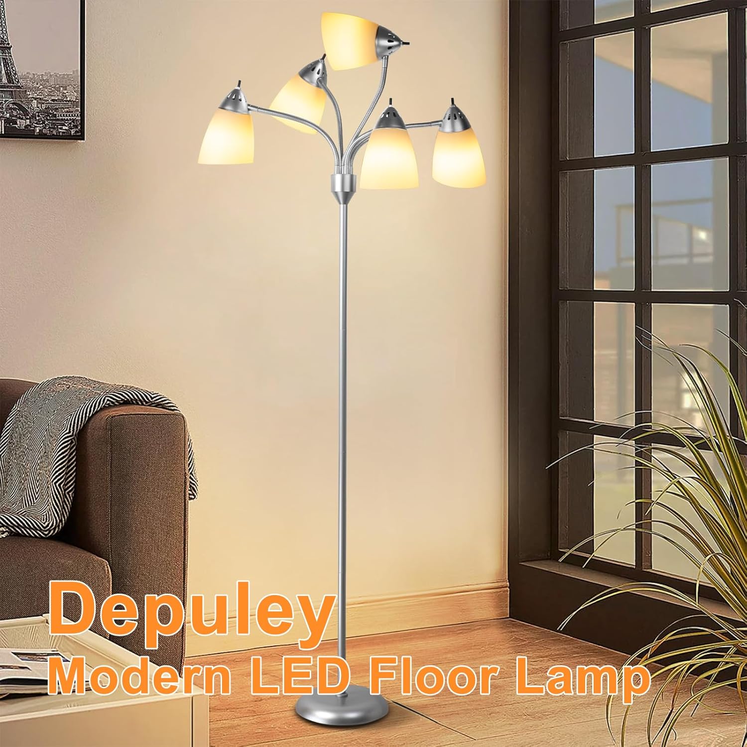 Depuley Lampada da Terra Moderna 5 Luci E27, Argento - immagine 7