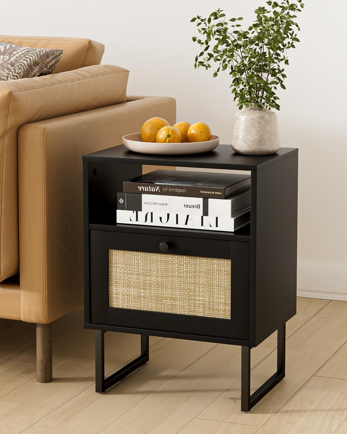 Comodino Boho in Rattan con Cassetto e Ripiano, Rovere Nero