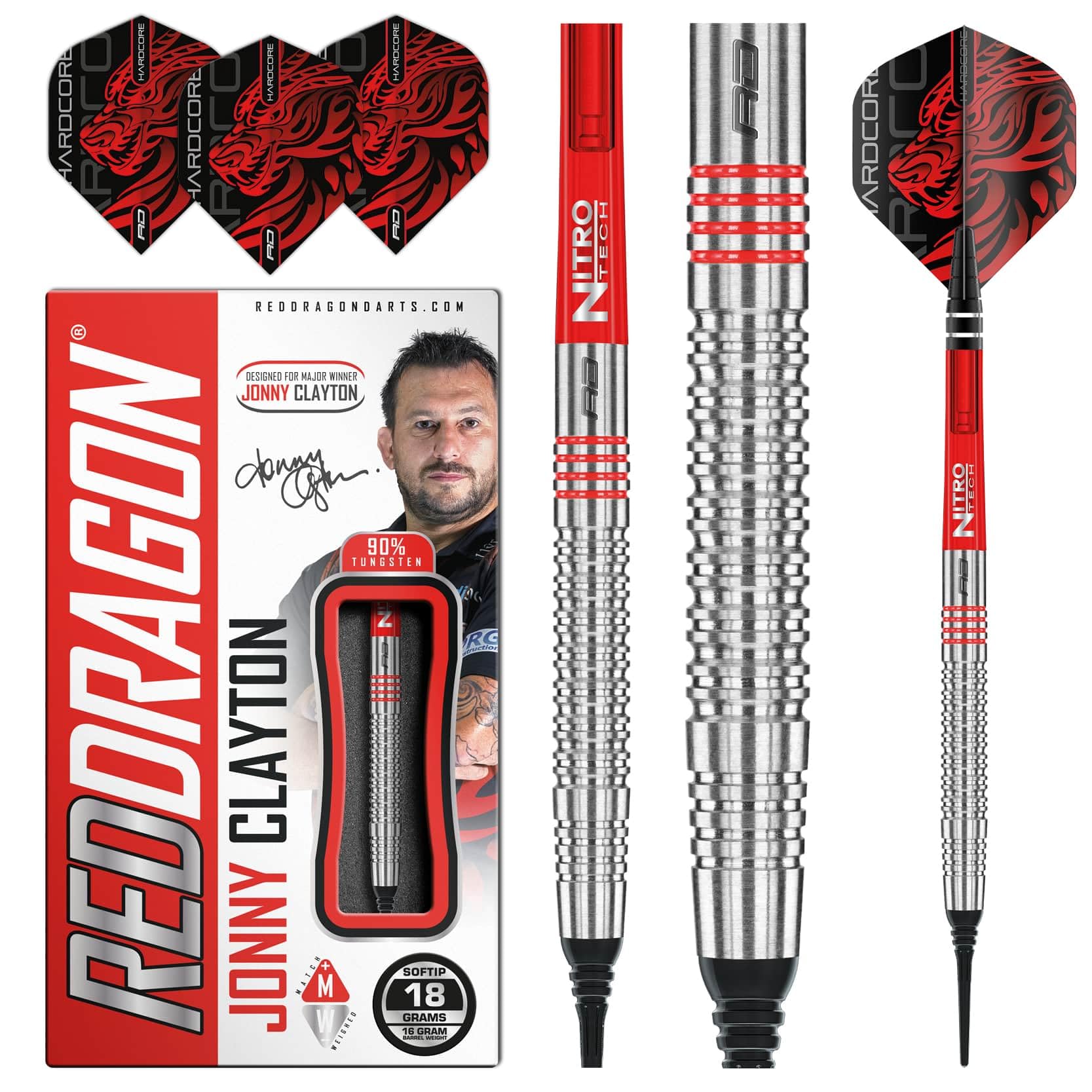 RED DRAGON Jonny Clayton 18g o 20g Softip Tungsten Darts con Voli e Albero