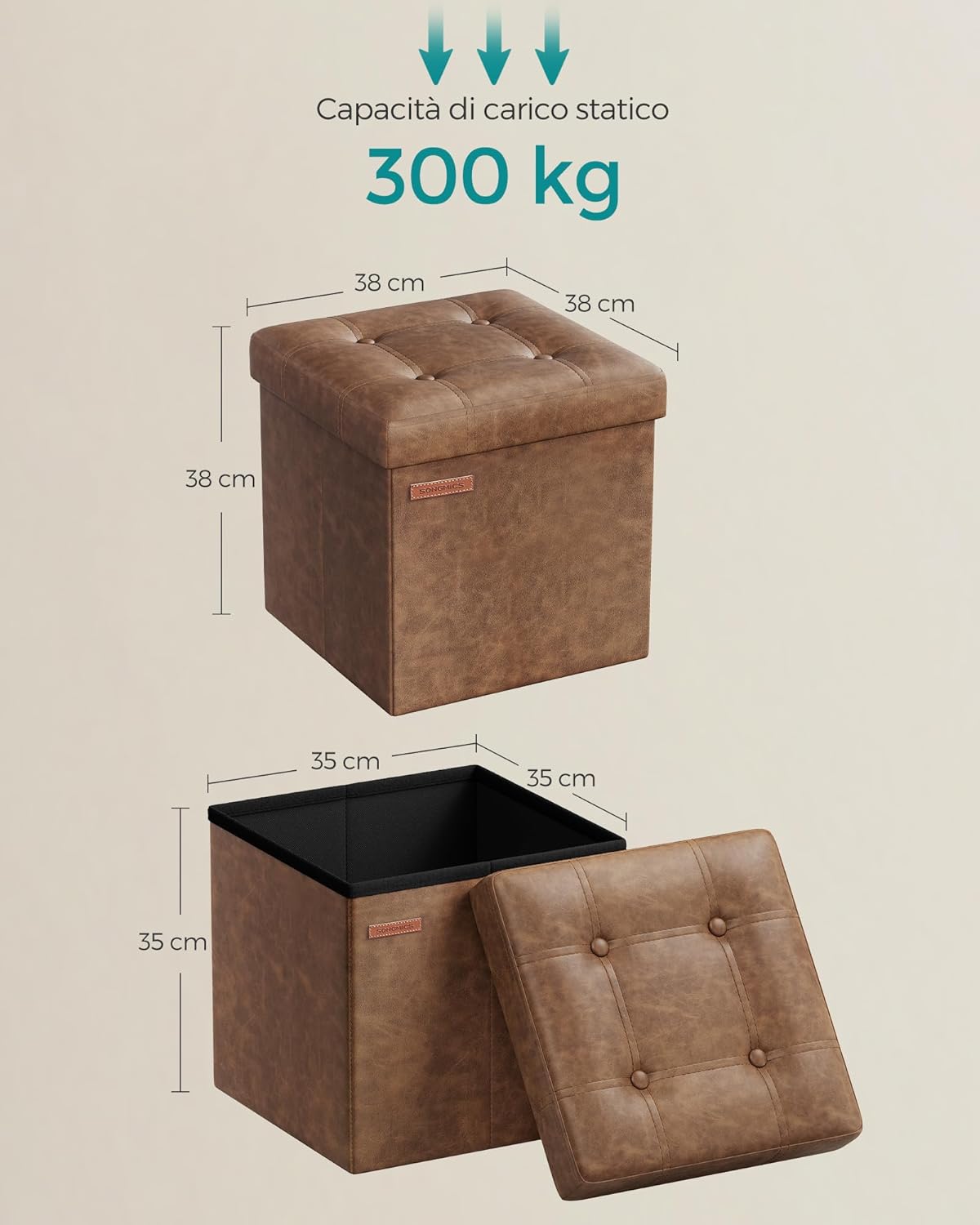 Songmics Pouf Contenitore Pieghevole 38cm, Marrone Caffè - immagine 3