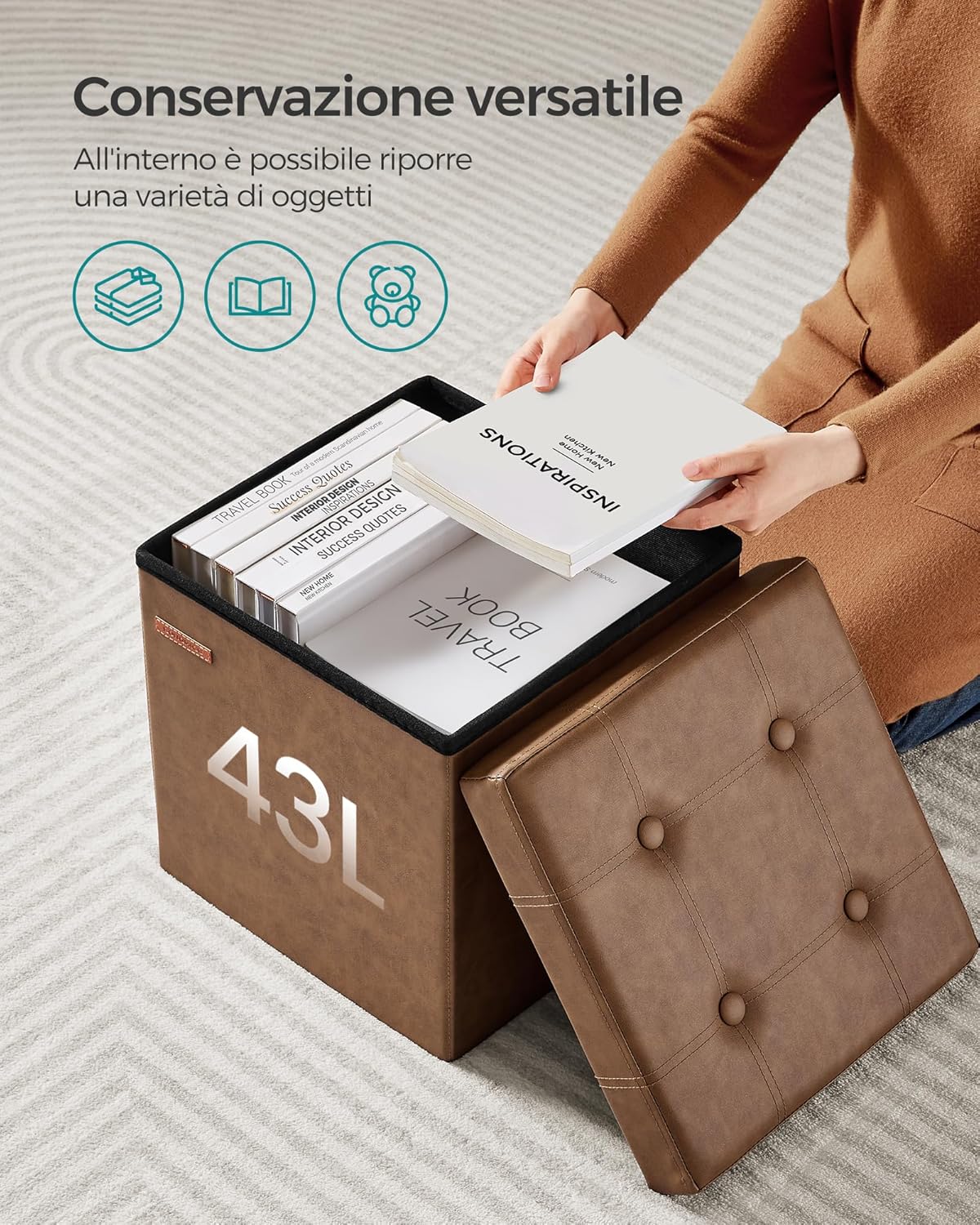 Songmics Pouf Contenitore Pieghevole 38cm, Marrone Caffè - immagine 5