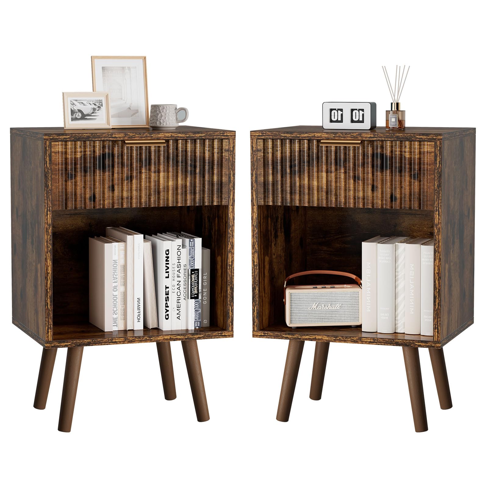 Ymyny Set 2 Comodini in Legno Marrone Rustico