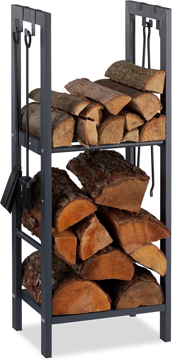 Relaxdays Scaffale Porta-Legna con 2 Ripiani, Antracite - immagine 1