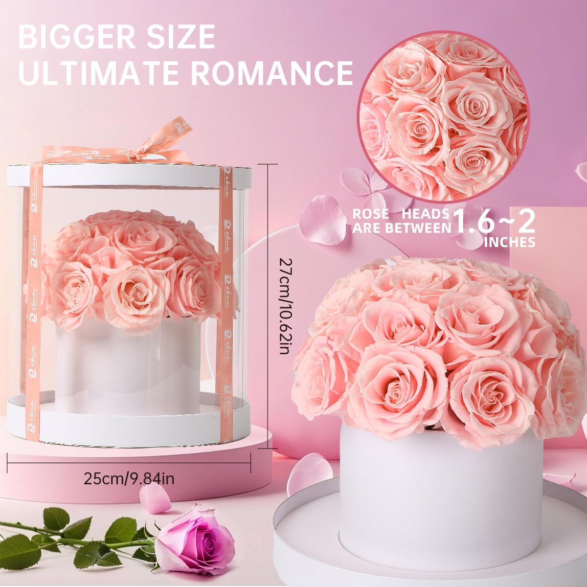 Scatola Regalo Rotonda con 19 Rose Eterne, Champagne - immagine 2