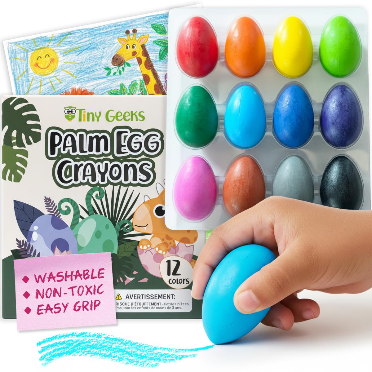 12 Pastelli a Uovo Colorati 12 pz - Presa Palm-Grip Non Tossici e Lavabili per Bambini Piccoli (3-6) e Bambini (4-8) - Facili da Tenere, Perfetto per Viaggi