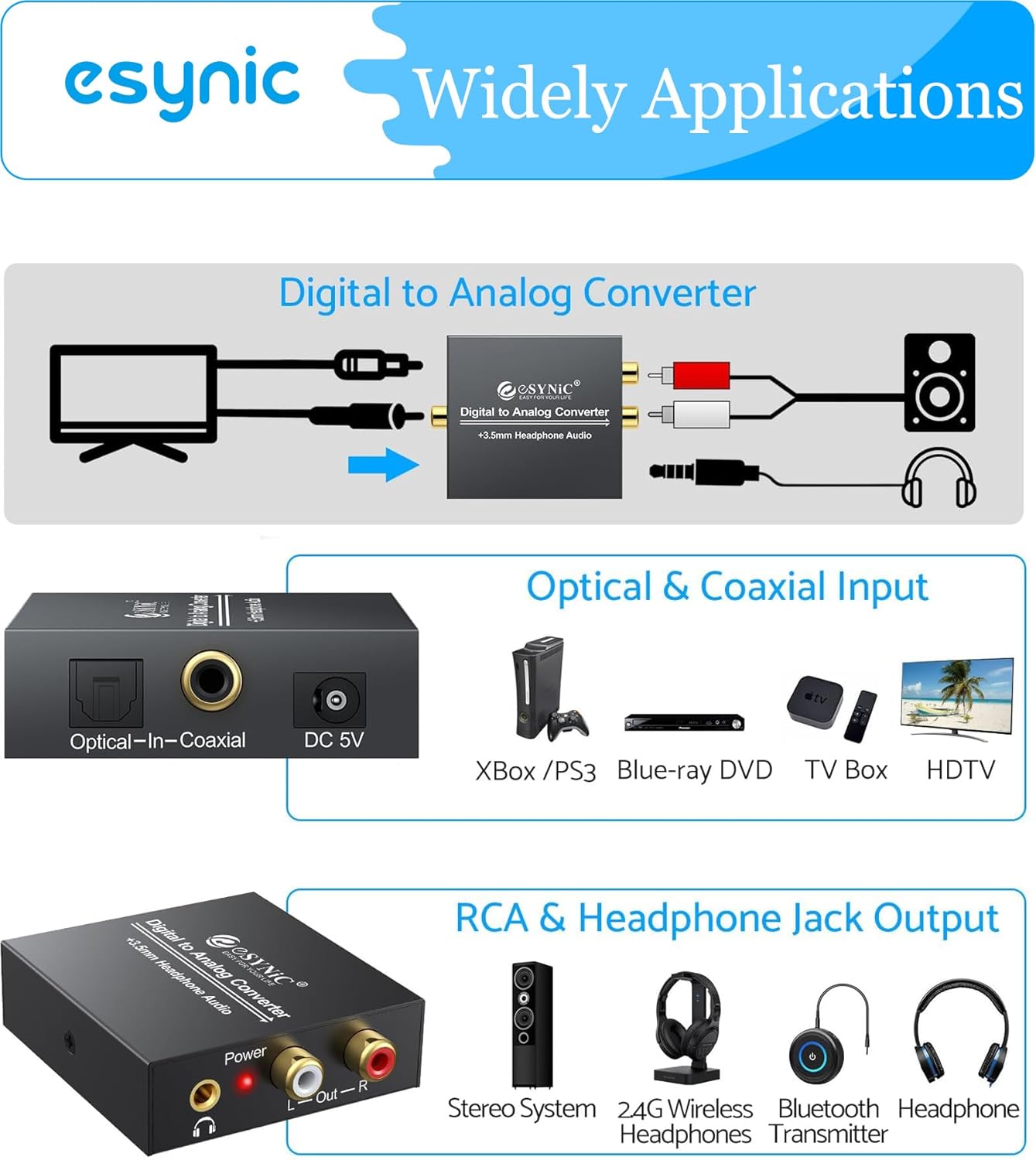 Esynic Convertitore Audio da Ottico a RCA 192KHZ - immagine 3