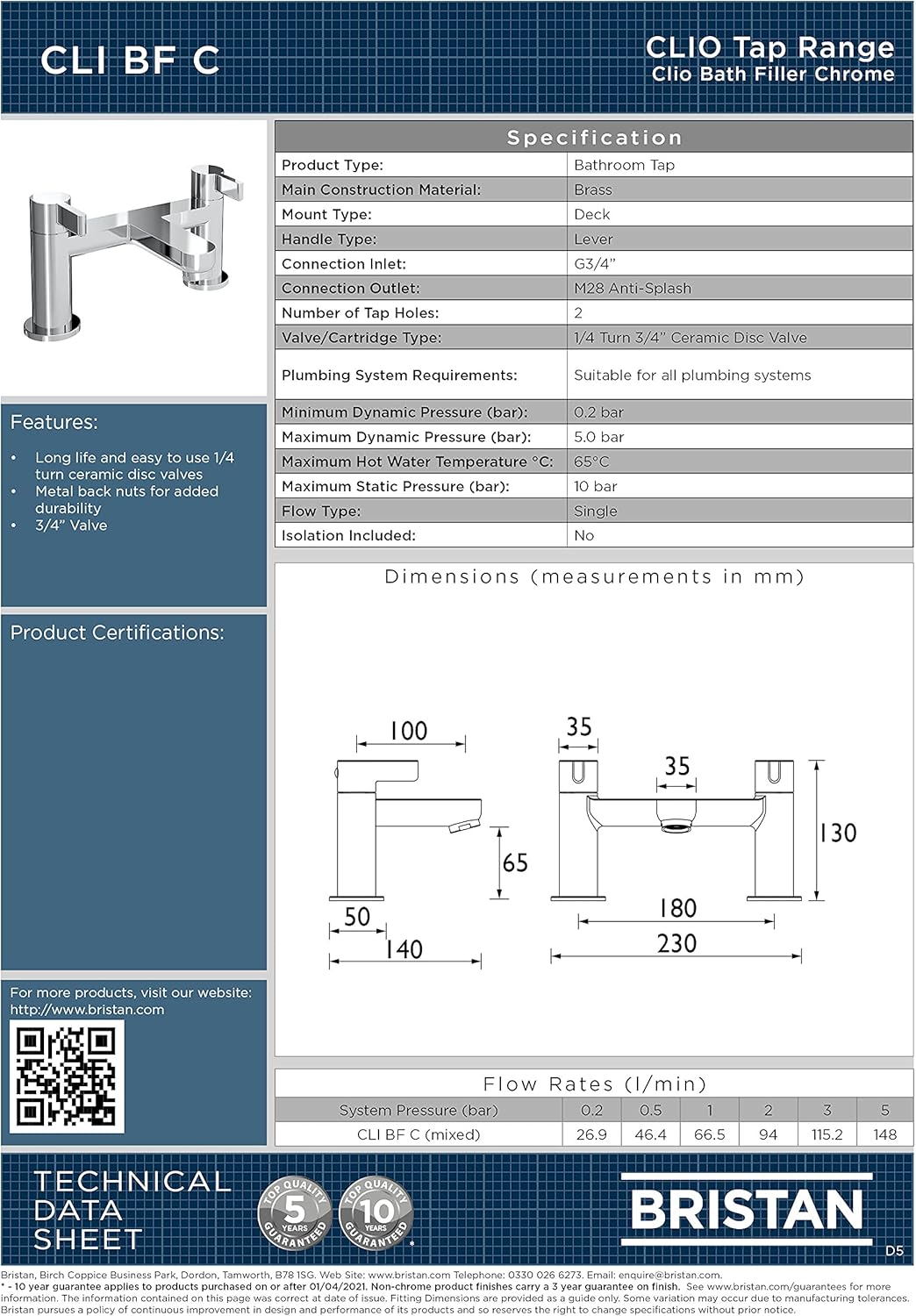Bristan CLI BF C Rubinetto di riempimento Bagno, Cromato - immagine 5