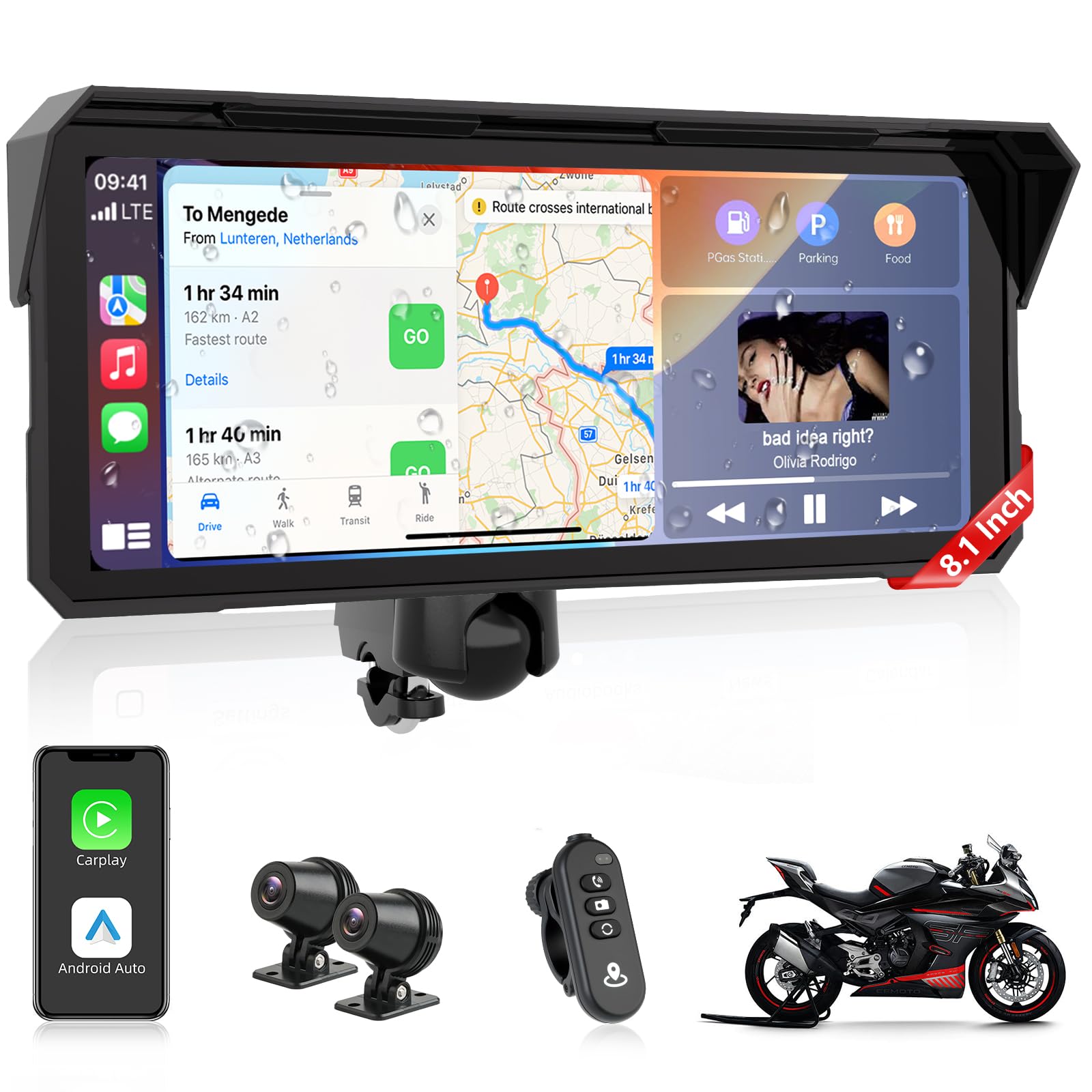 Jansite 4K Carplay Moto Android Auto acon Dashcam 8,1 Pollici Schermo Navigatore Moto con IPX7 Impermeabile Touchscreen, Bluetooth,Siri, GO0-gle AssistantM, 64G TF