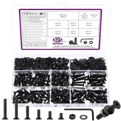 521 Pz M4 Set di Viti, Bulloni e Dadi Set, Viti Bulloni a Testa Piatta Esagonale con Esagono Incassato, Vite a Testa Svasata e Dadi e Rondelle, Nero