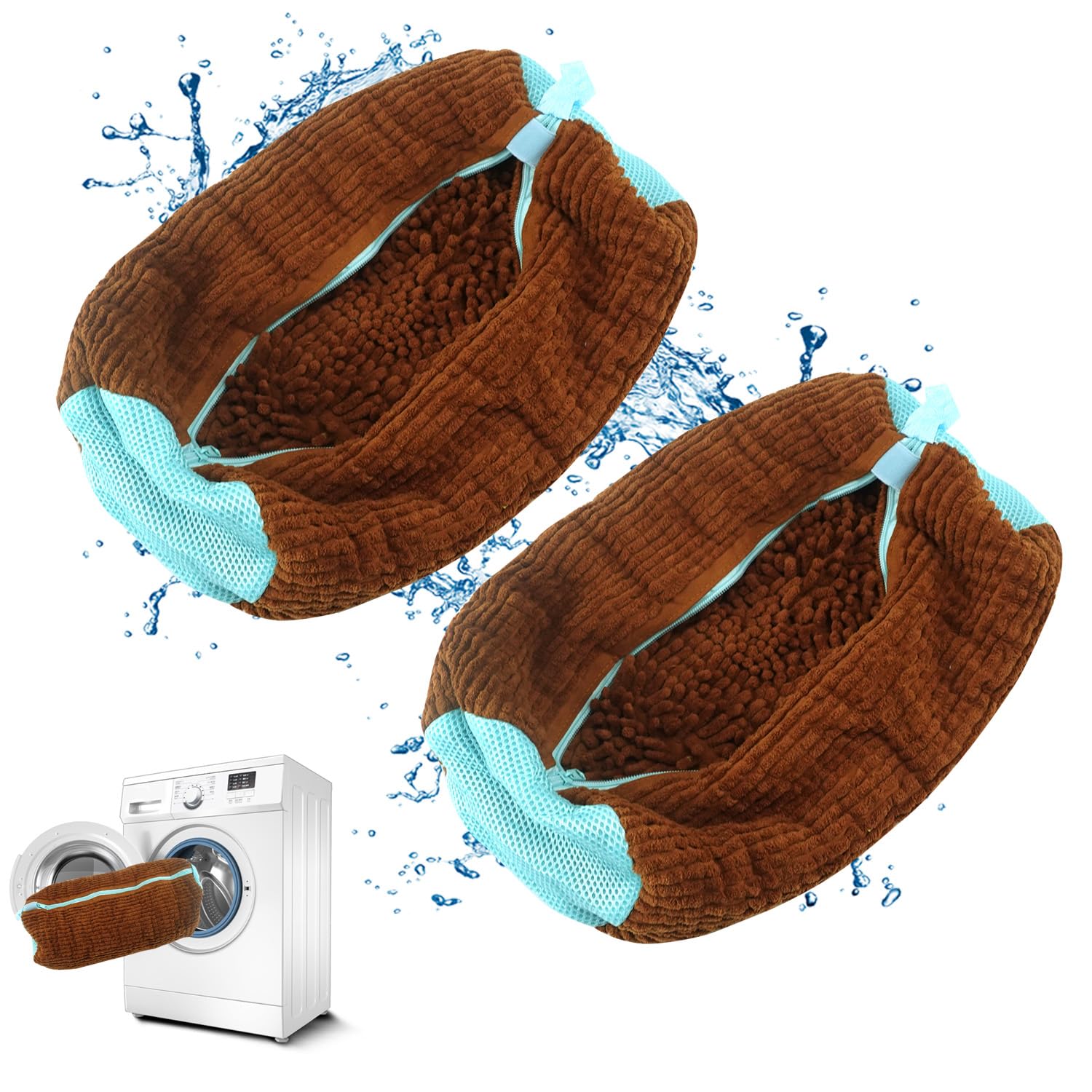 QUMOX Borsa per lavanderia per scarpe per lavatrice e asciugatrice, sacca per lavaggio per scarpe riutilizzabile durevole con peluche copertura con cerniera, confezione da 2 marrone