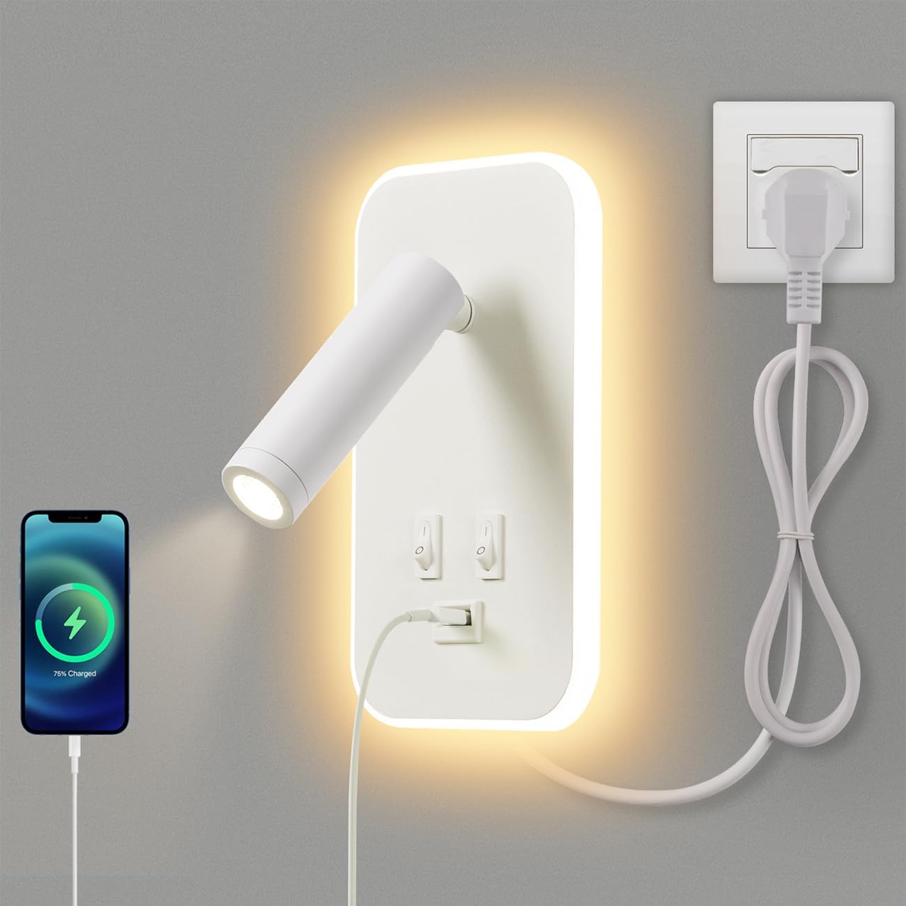 Awekliy Lampada da Parete LED con USB, Bianco - immagine 1