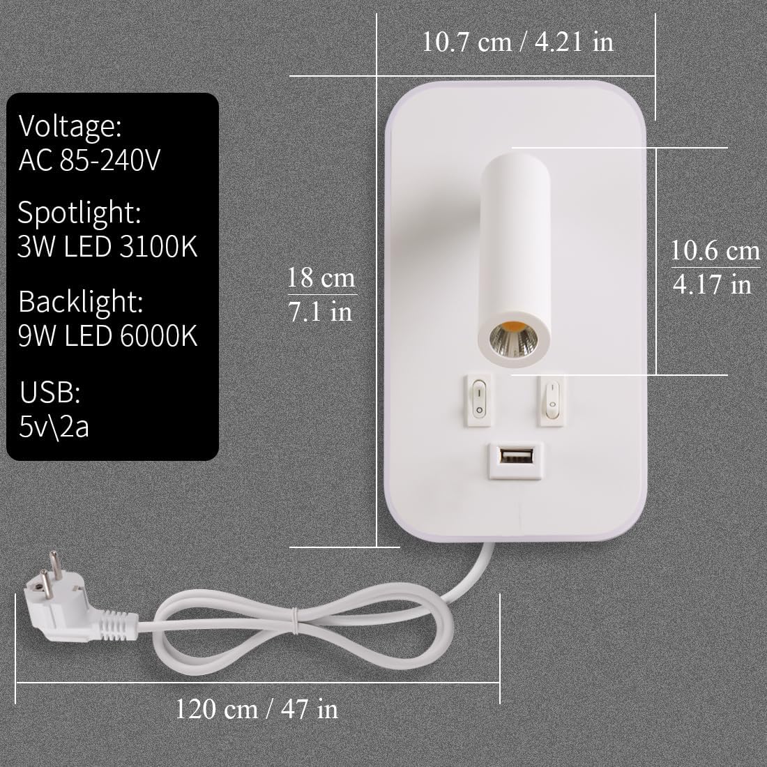 Awekliy Lampada da Parete LED con USB, Bianco - immagine 6