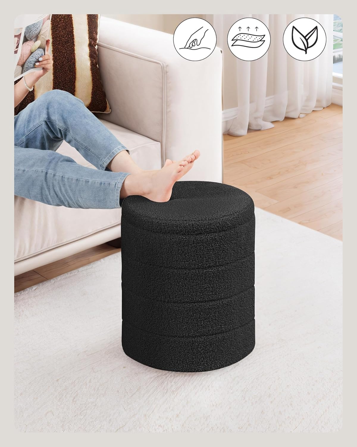 Pinplus Sgabello Pouf Contenitore Rotondo Pieghevole, Nero - immagine 4