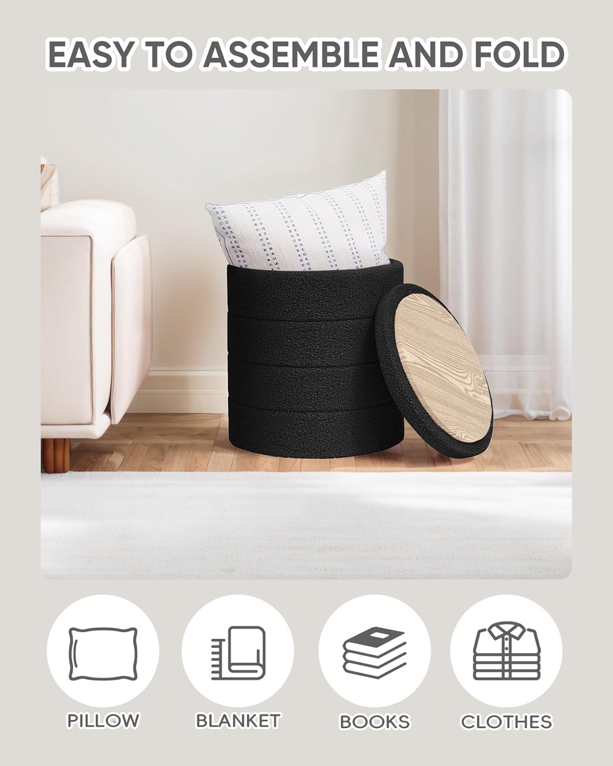 Pinplus Sgabello Pouf Contenitore Rotondo Pieghevole, Nero - immagine 5