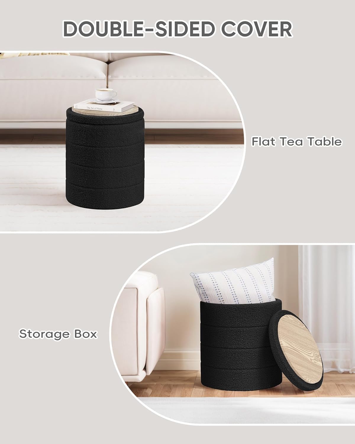Pinplus Sgabello Pouf Contenitore Rotondo Pieghevole, Nero - immagine 7