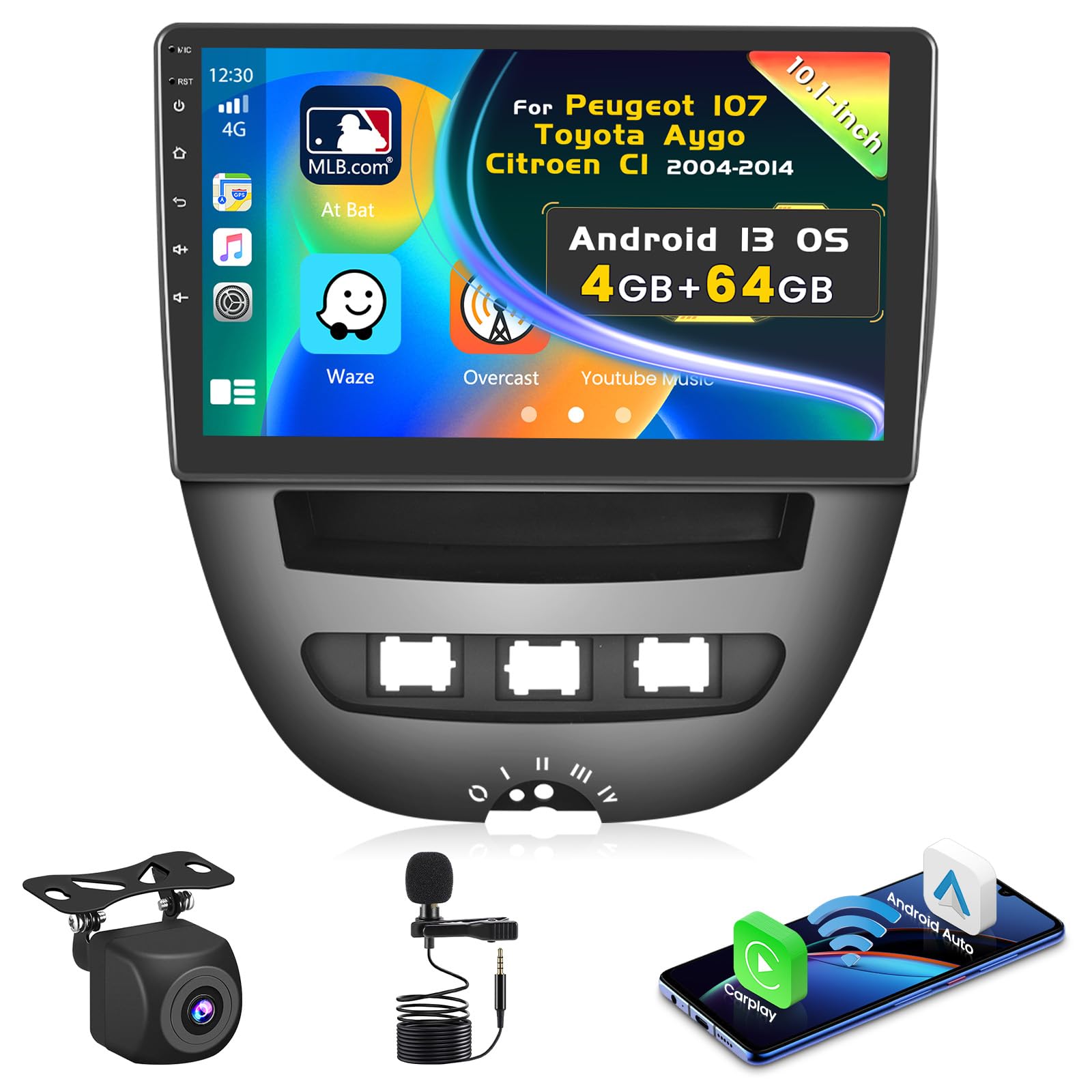 Inefala Android Autoradio 4G+64G per Peugeot 107/Toyota Aygo/Citroen C1