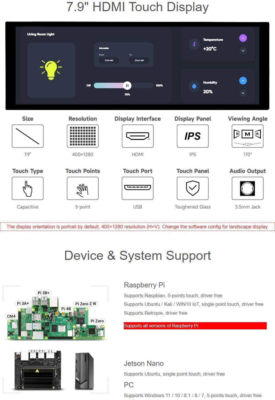 Waveshare 7.9" LCD Capacitivo HDMI 400x1280 IPS Touch - immagine 2