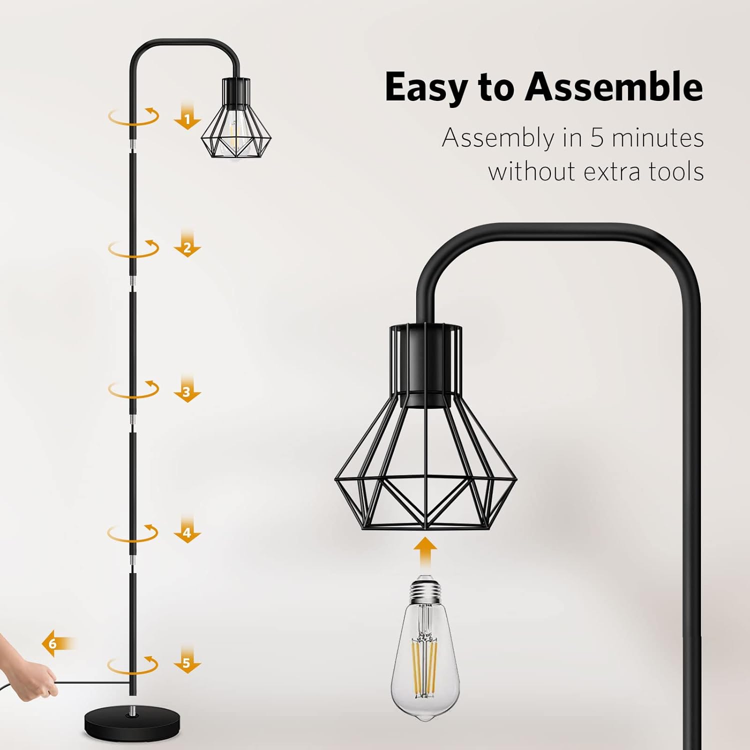 BBHome Lampada da Terra Vintage Industriale E27, Nero - immagine 6