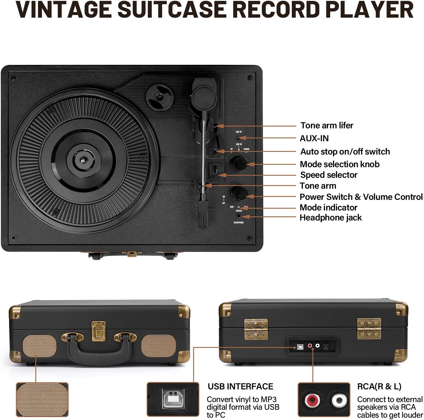 Giradischi Vintage Bluetooth 3 Velocità, Nero - immagine 3