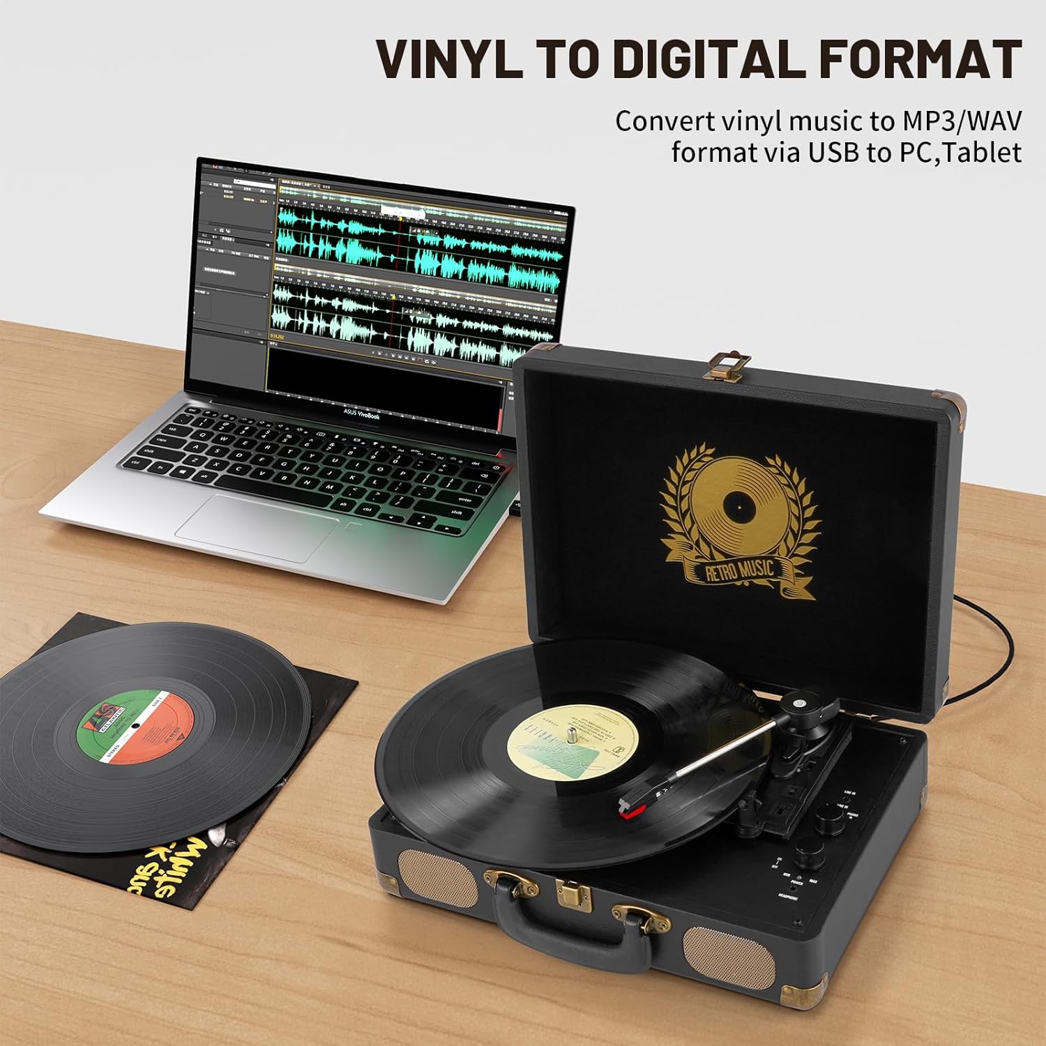 Giradischi Vintage Bluetooth 3 Velocità, Nero - immagine 4