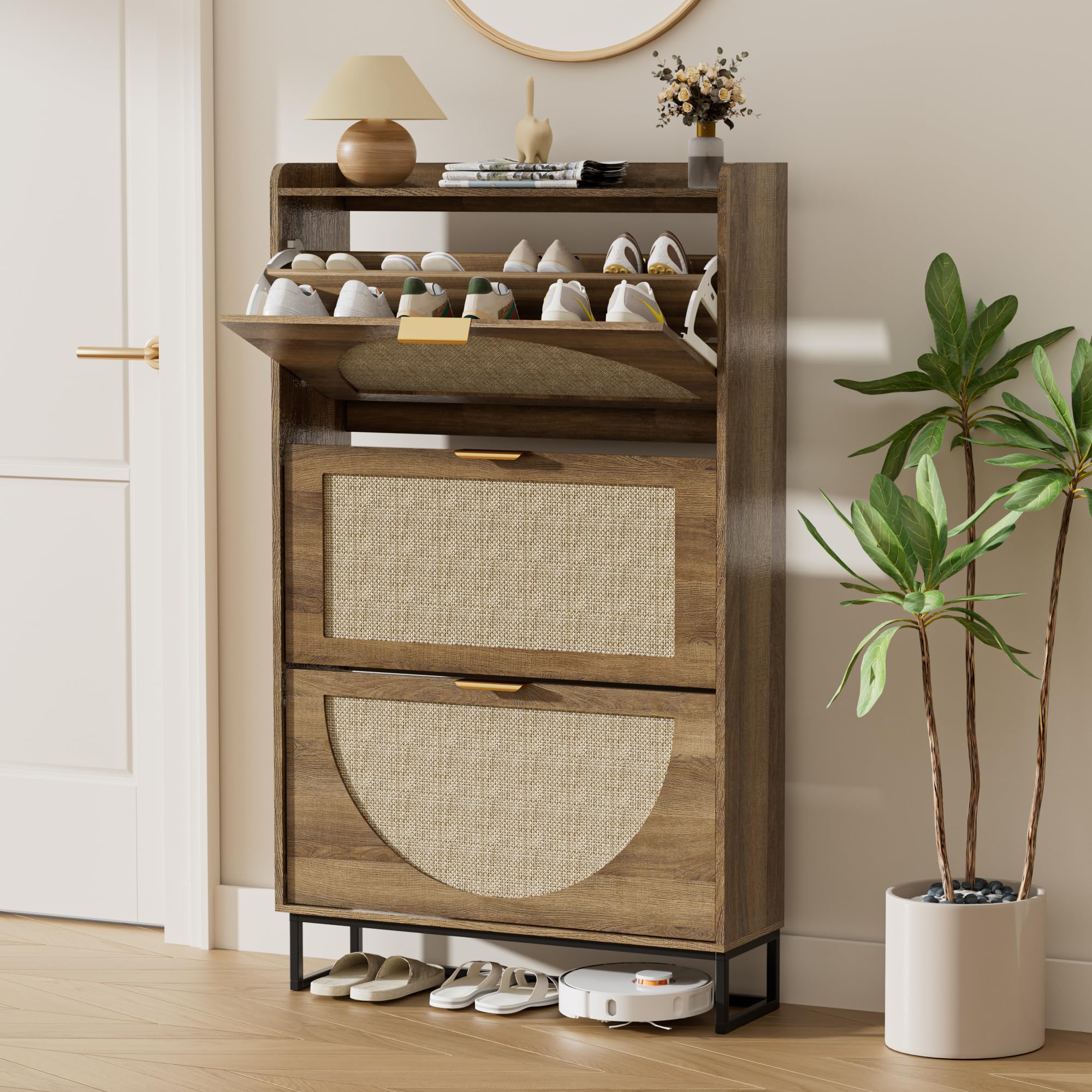 Scarpiera Stretta in Rattan con 3 Ante Ribaltabili