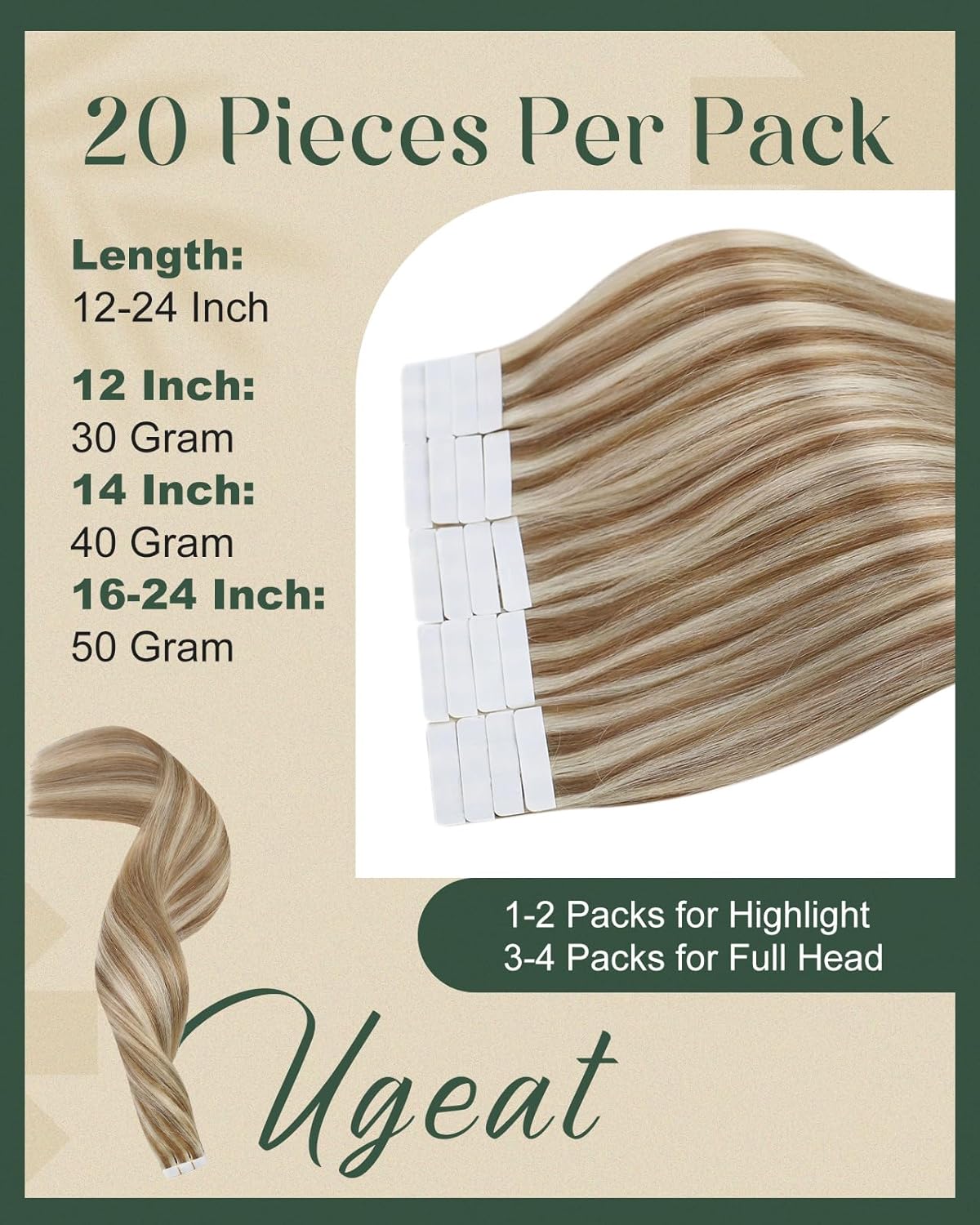 Ugeat Extension Capelli Veri Biadesivo 40cm 50g - immagine 4