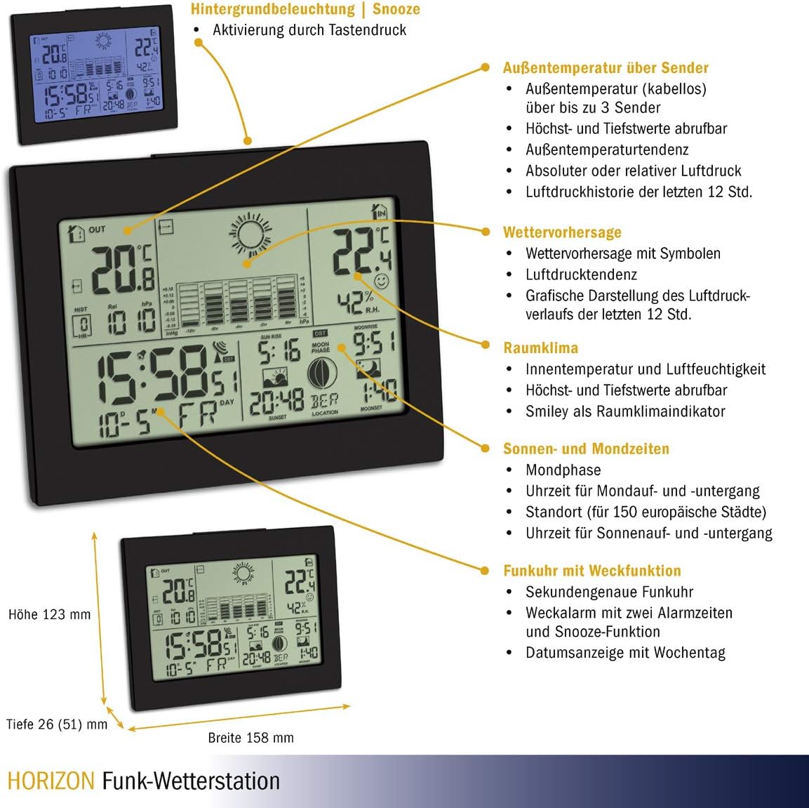 Tfa Dostmann Stazione Meteo Radio Wireless Horizon, Nero - immagine 6