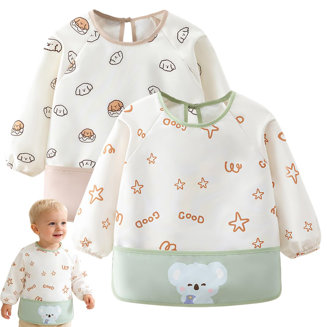2 Pezzi Bavaglino con Maniche Lunghe, Impermeabile per Svezzamento BLW (6-36 Mesi), Morbido e Lavabile in Lavatrice, con Bottoni, BPA Free