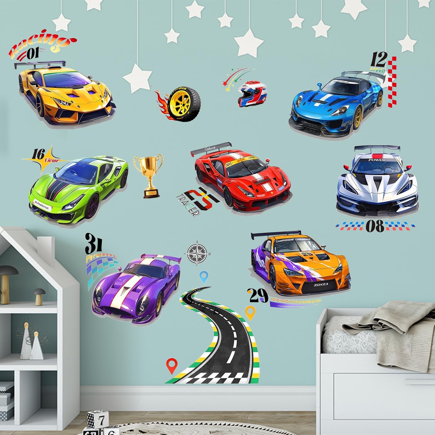 Adesivi da Parete Automobili Ragazzi, Adesivi da Parete Macchina da Corsa, Adesivi Murali 3D Macchina da Corsa, Adesivi Murali 3D Auto, Adesivi Murali Automobili Bambini, per la camera dei bambini