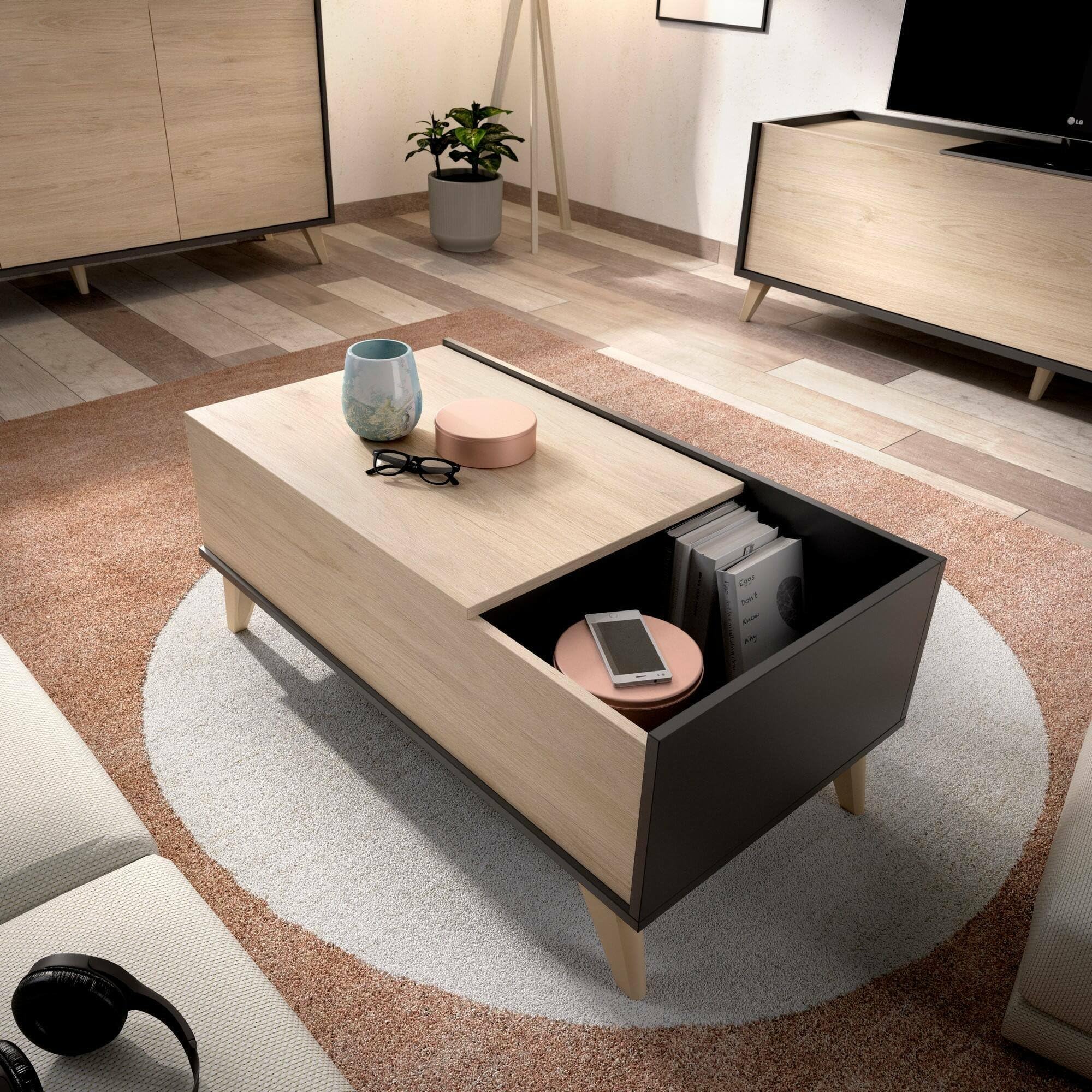 Dmora Tavolino Salotto Cuna 99x60h41 cm, Antracite e Rovere