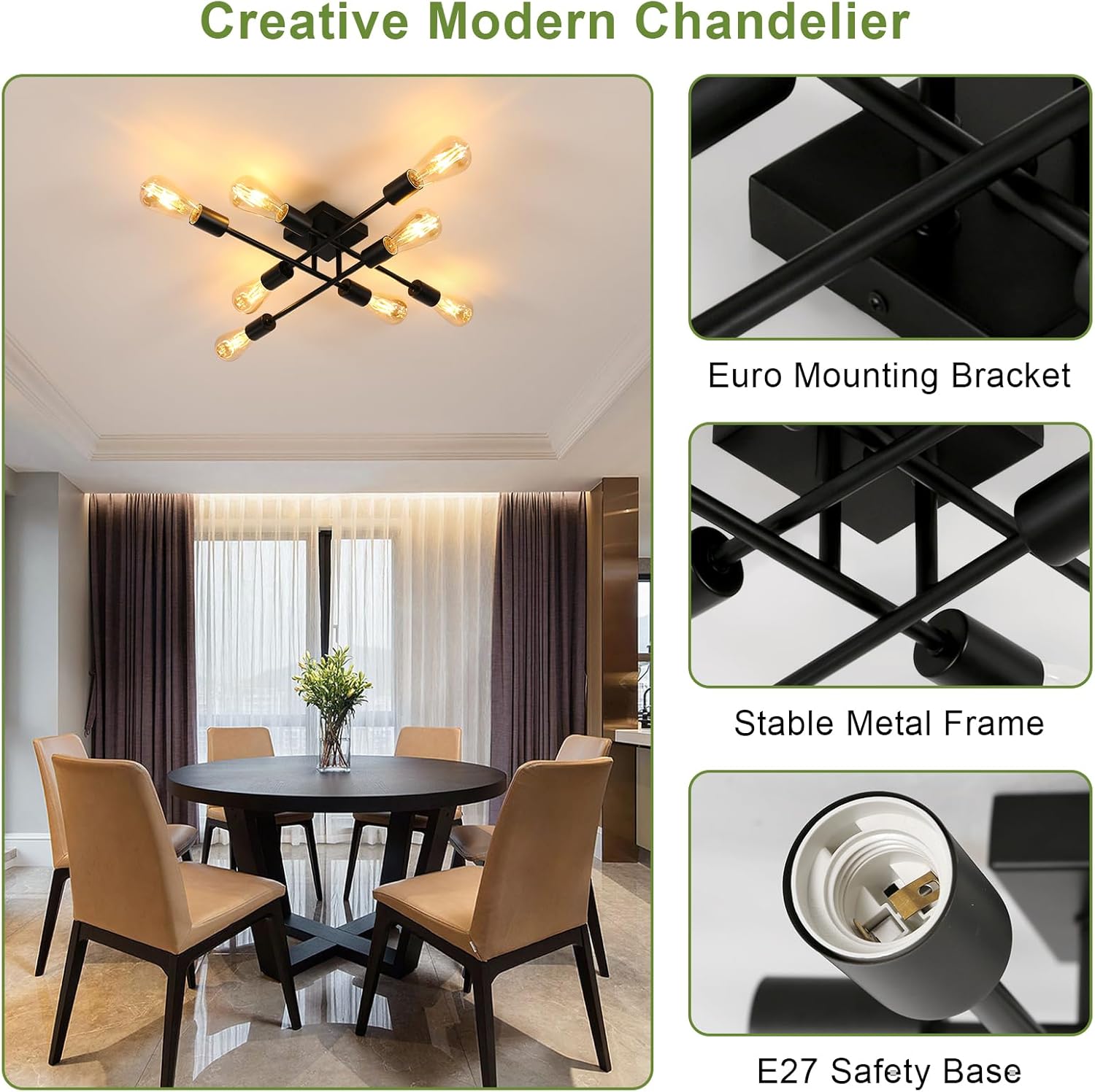 Osairous Lampadario Vintage Sputnik 8 Luci E27, Nero - immagine 4