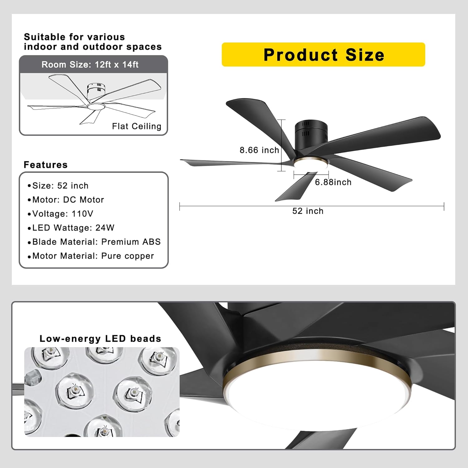 Ohniyou Ventilatore da Soffitto 52" con Luci LED, Nero - immagine 6