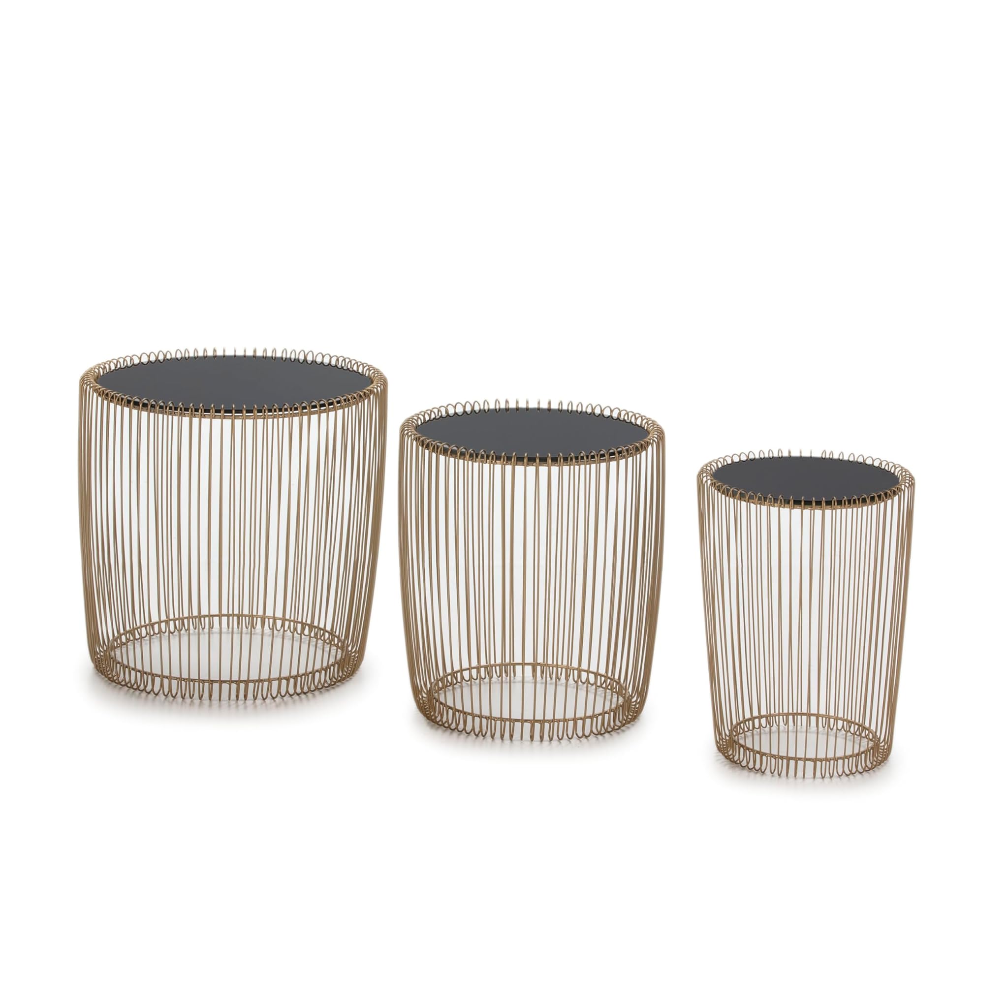 SET/3 MESA AUXILIAR 45X45X45 / 38X38X43 / 30X30X40 CRISTAL NEGRO/METAL DORADO