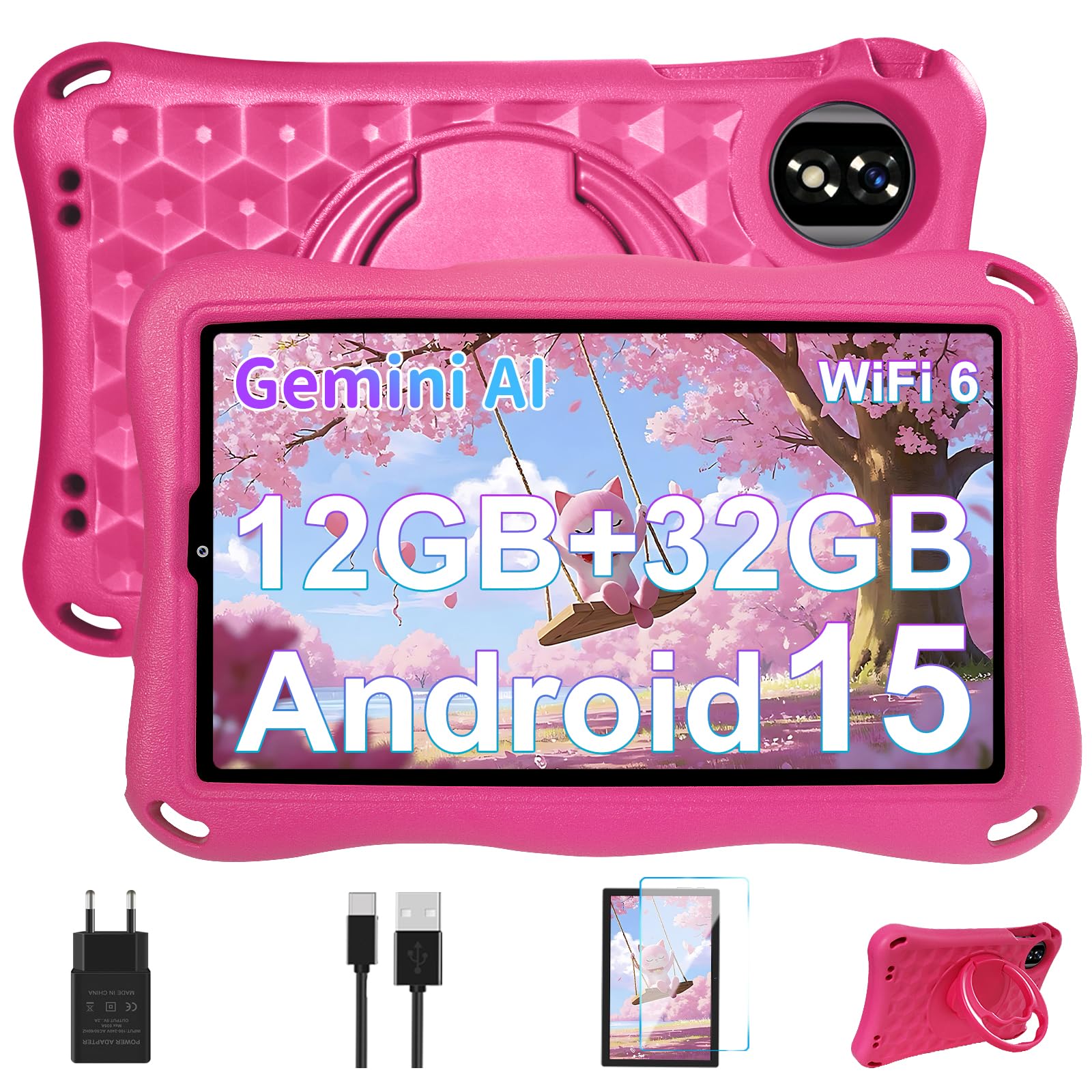 Tablet Bambini 9 Pollici Android 15 con Gemini AI, Rosa