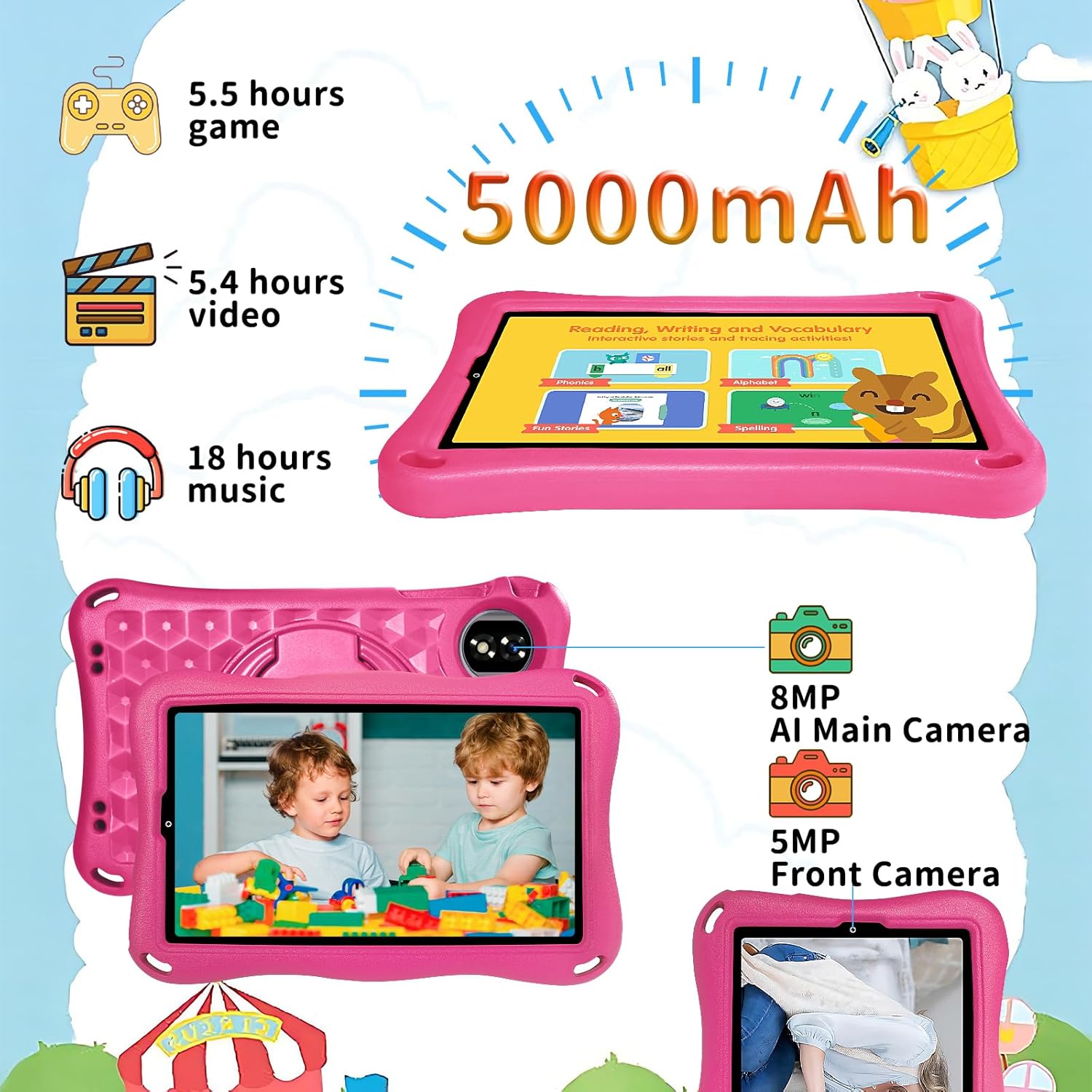 Tablet Bambini 9 Pollici Android 15 con Gemini AI, Rosa - immagine 4