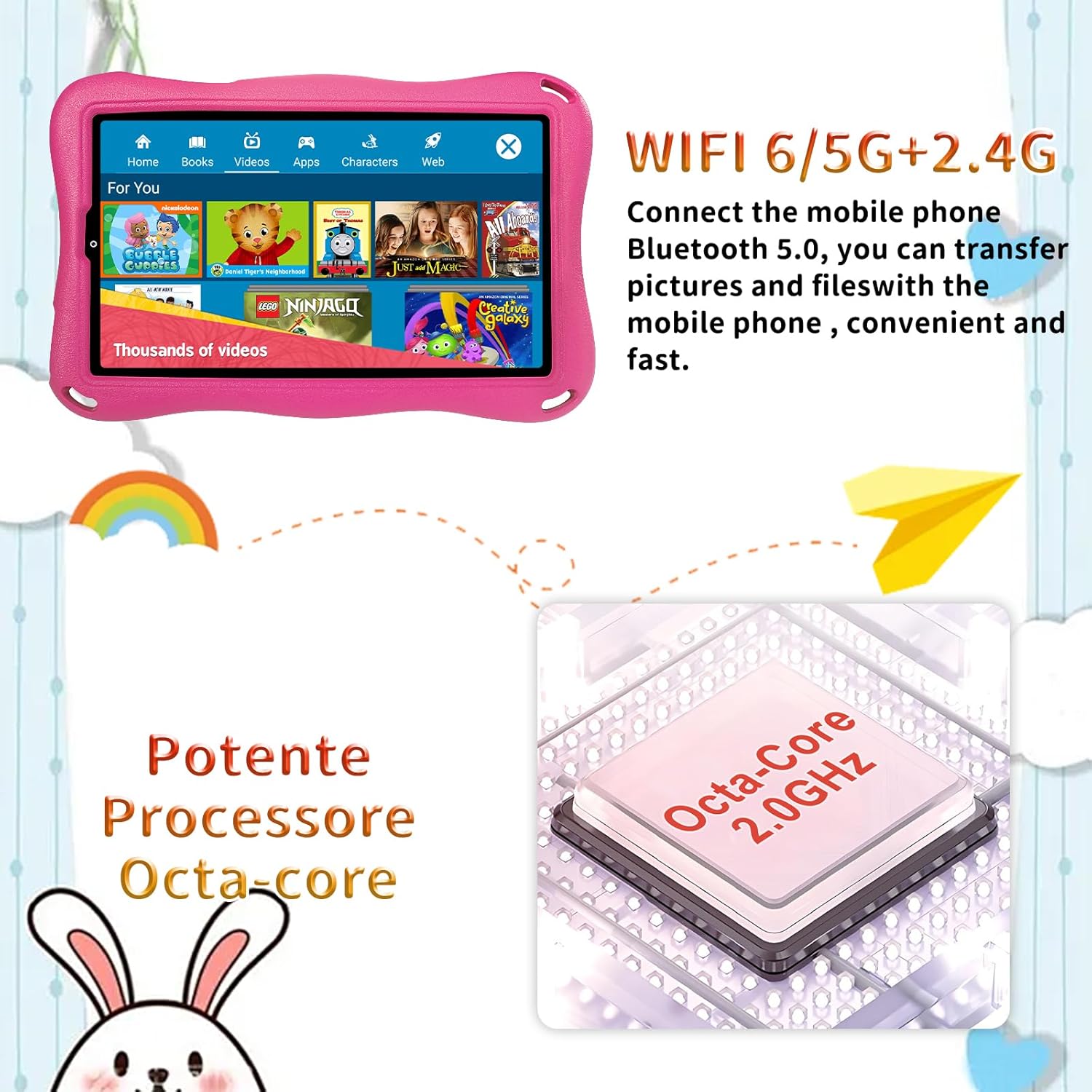 Tablet Bambini 9 Pollici Android 15 con Gemini AI, Rosa - immagine 5