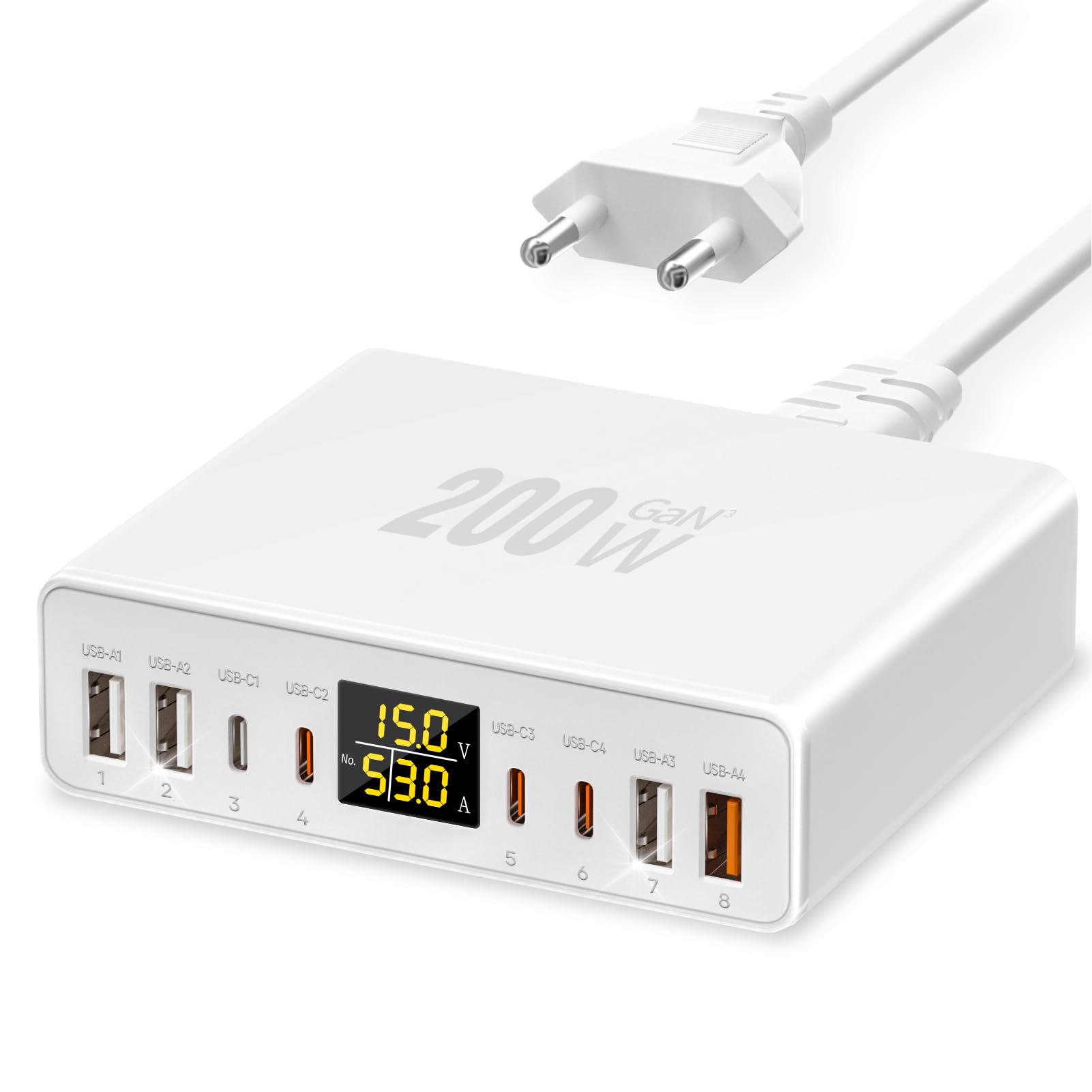 Ysyfad Caricatore USB C Multiplo 200W 8 Porte GAN, Bianco