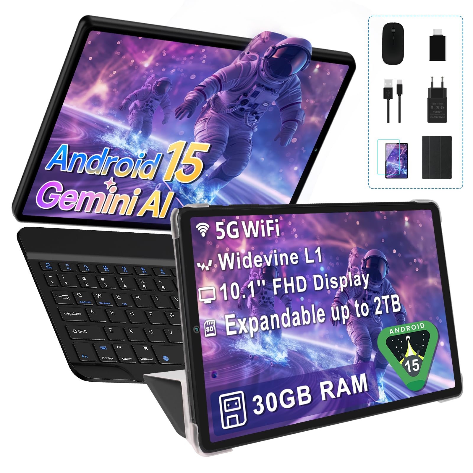 Tablet 10 Pollici Android 15 con Gemini AI Nero