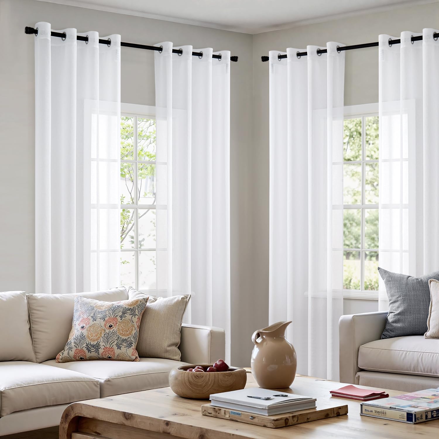 Miulee Tende Trasparenti Voile con Occhielli 140x245cm, Bianco