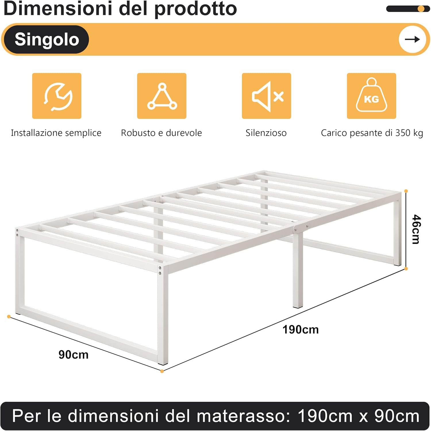Struttura Letto Singola 90x190cm - 46cm Altezza - immagine 2