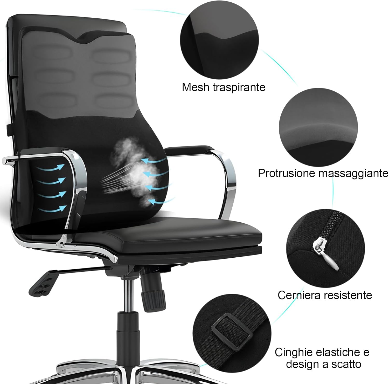 Cuscino Lombare Auto e Sedia Ufficio Ergonomico, Nero - immagine 3