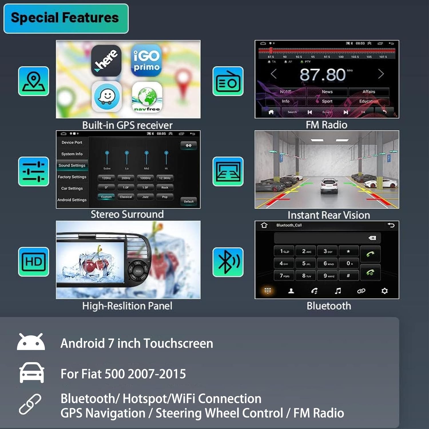 Autoradio Android 7" Touchscreen per Fiat 500 (2007-2015) - immagine 5