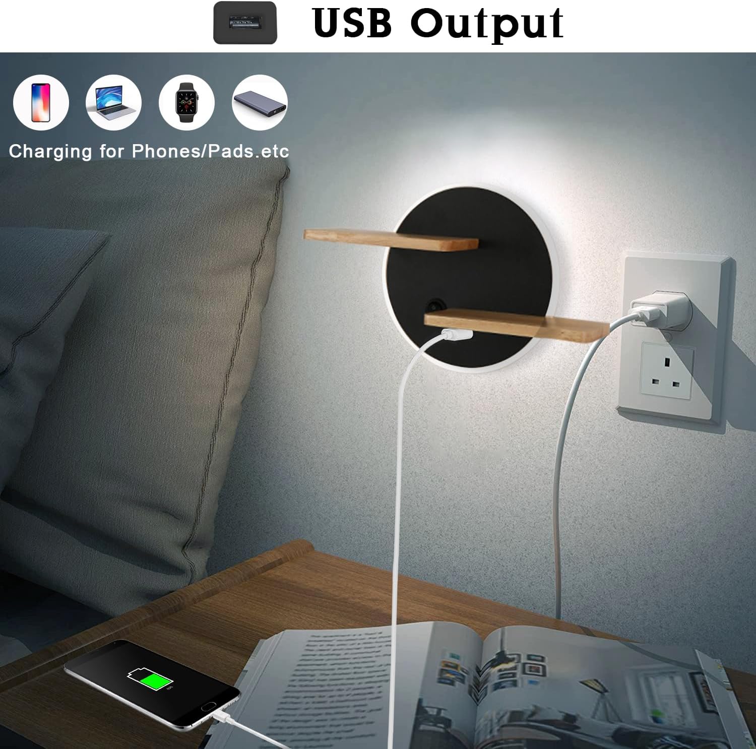 Kzt Lampada da Parete con Interruttore e USB, Nera - immagine 3