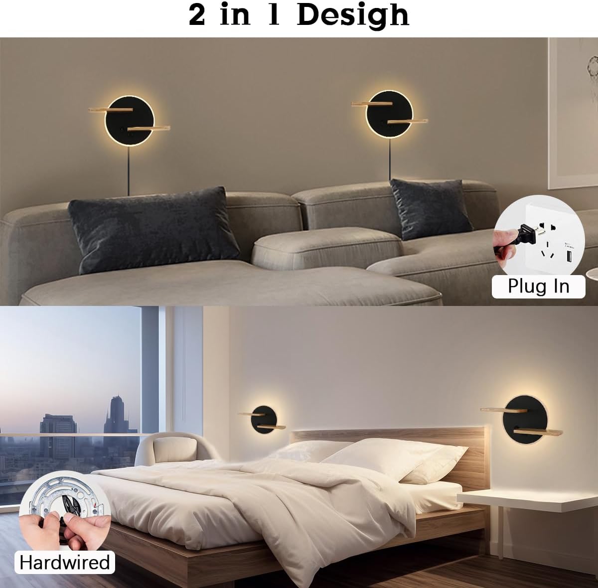 Kzt Lampada da Parete con Interruttore e USB, Nera - immagine 4