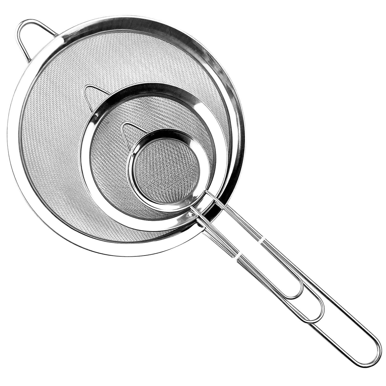 Relota Set di Setaccio da Cucina 19/25/36.5 cm, Colino Acciaio Inox Maglia Fine, Scolapasta con Manico, Filtro per Pasta, Riso, Verdura, Albume, Scolare Tagliatelle, Setacciare Farina (Argento)